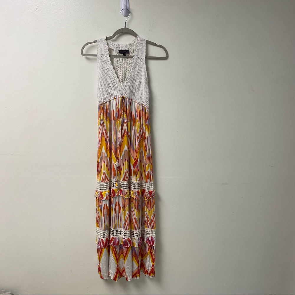 Hale Bob Bella Crochet Tiered Boho Orange Pink Maxi Dress Size‎ XS